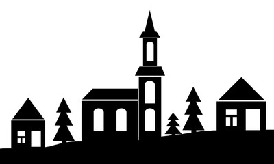 Graphic silhouette of village and church in black and white for design.