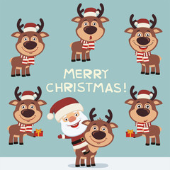 Merry Christmas! Vector set funny reindeer for Christmas decoration. Collection isolated christmas reindeer.