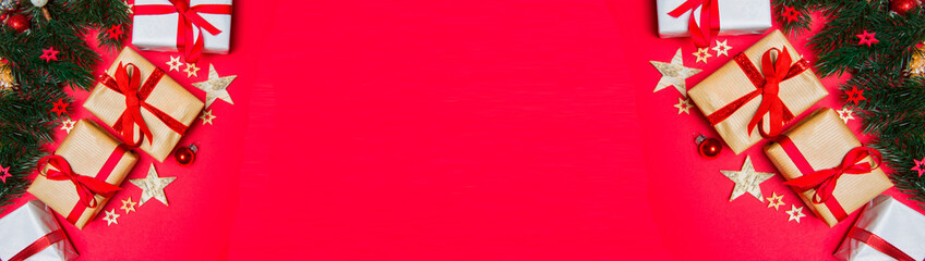 Christmas red background banner with tree, gift and decoration