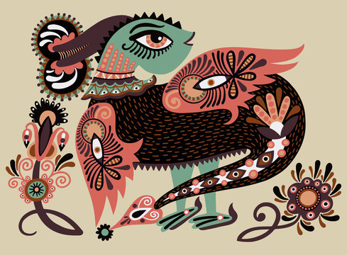 ethnic fantastic animal doodle design in karakoko style, unusual