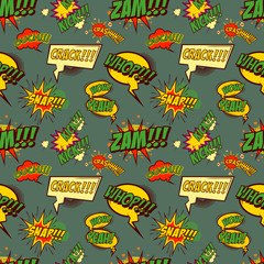 Stoffe zum Nähen Nahtlose Muster von Comic-Stil Phrasen auf farbigen Hintergrund. Hoppla! Beeindruckend! Selfie! Hallo! Whop! Zensiert! Design-Element im Vektor.