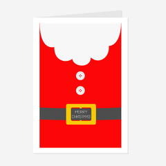 Santa Claus Coat. Beard, fur, button and yellow belt. Big Merry Christmas text Greeting card. Red background. Flat design