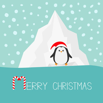 Penguin in red Santa hat. Iceberg Blue water Snow in the sky Flat design Winter background. Merry Christmas Candy cane text. Greeting card.
