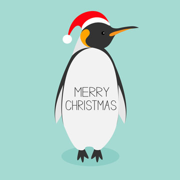 King Penguin Santa red hat. Emperor Aptenodytes Patagonicus Cute cartoon character. Flat design Winter antarctica bluebackground Merry Christmas text. Greeting card.