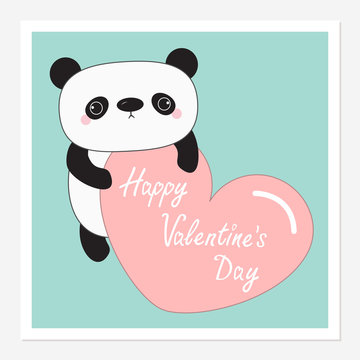 Kawaii panda baby bear. Happy Valentines Day. Instant photo frame. Cute cartoon character holding big pink heart. Wild animal collection for kids. Blue background. Love card. Flat design.