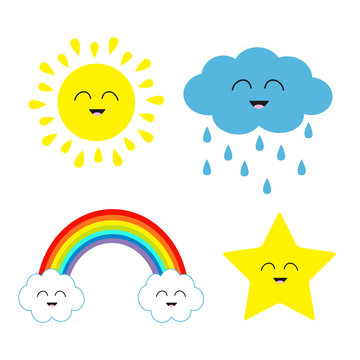 Cute cartoon kawaii sun, cloud with rain, star, rainbow set. Smiling face emotion. Isolated. White background Baby charcter collection Funny illustration. Flat design.