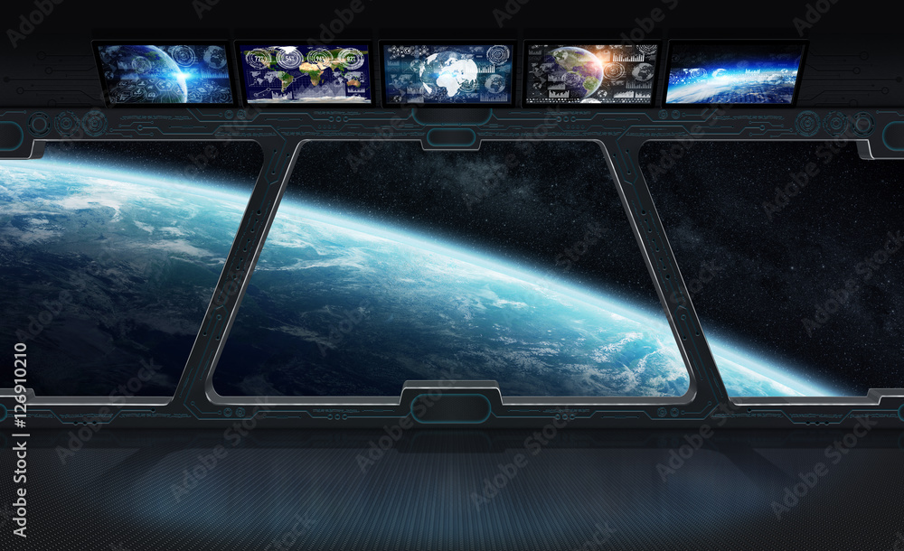 Poster view of planet earth from inside a space station 3d rendering el