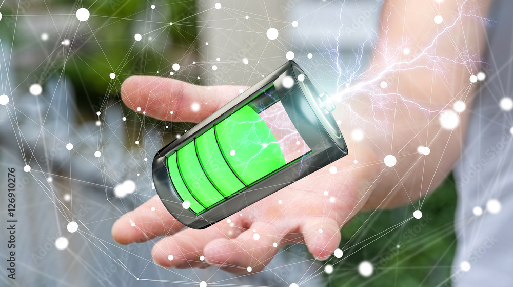 Aufkleber man holding 3d render battery with lightning in his hand