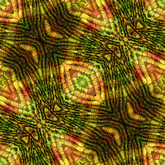 Abstract seamless reptile pattern with intertwined stripes and scales. Red, yellow, green, orange and brown snake pattern