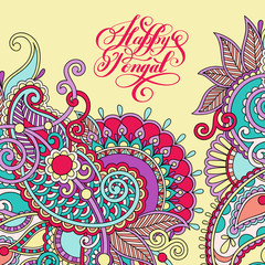 happy pongal handwritten inscription on floral paisley pattern 