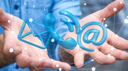 Businessman holding 3D rendering contact icon in his hand