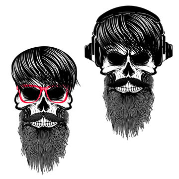 Set of  hipster skulls with hairstyle sunglases and headphones. Design elements for t-shirt print, poster. Vector illustration.