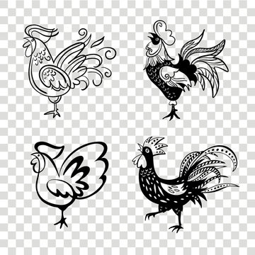 Roosters in different poses. Vector silhouettes roosters. 