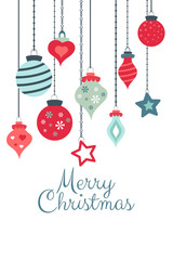 Vector colorful greetings cards for Merry Christmas with balls, tree, garlands, text for print and web