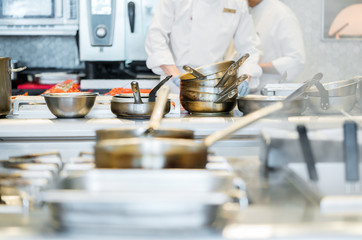male cooks preparing meals in restaurant kitchen
