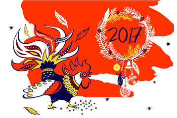 Illustration for happy new year 2017 with silhouette cock and christmas decoration. Design vector image with symbol red rooster.