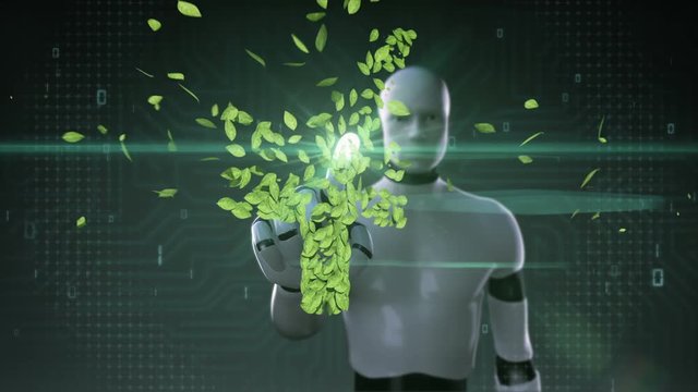 Robot cyborg touching green leaf YEN money, currency sign, made from leaves.