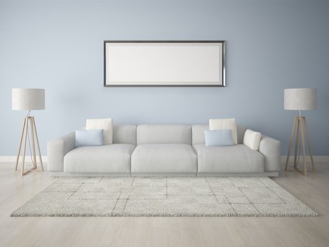 Mock up poster frame modern living room with a blue background.