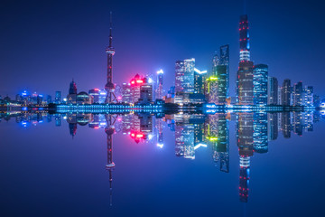 Shanghai financial district at night in China.