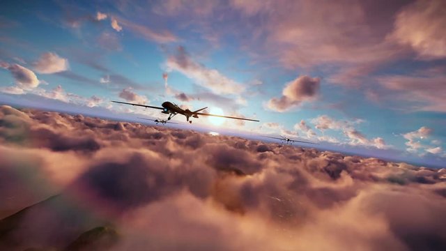 Military drones formation launching missiles, cruising above clouds at sunset
