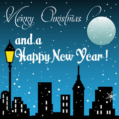Obraz na płótnie Canvas Colorful background with skyscrapers, lamp, snow and the text Merry Christmas and a Happy New Year written with white letters