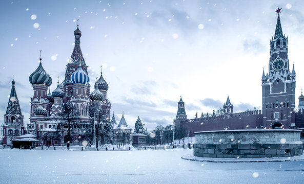 Christmas time in Moscow - snow falling on Red Square, Russia