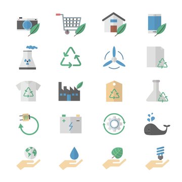 Flat Color Icons Design Set of Environment and Green, Ecology Icons.