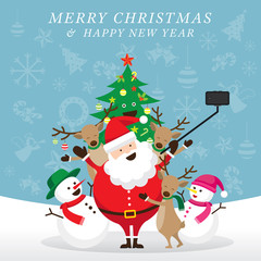 Christmas, Santa Claus and Friends Selfie, Snowman, Snowgirl, Reindeer, Pine Tree. Happy New Year