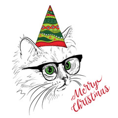 Hand draw cat in a celebratory cap. Merry Christmas card design. Vector illustration