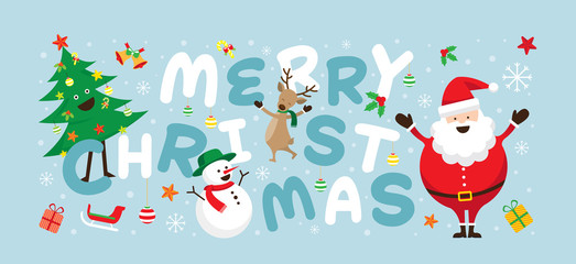 Christmas, Santa Claus and Friends with Lettering, Snowman, Reindeer, Pine Tree. Happy New Year