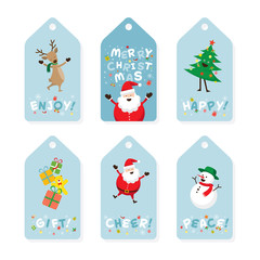 Christmas Tag, Santa Claus and Friends with Lettering, Snowman, Reindeer, Pine Tree, Gift. Happy New Year