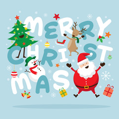 Christmas, Santa Claus and Friends with Lettering, Snowman, Reindeer, Pine Tree. Happy New Year