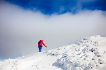 Naklejka na ściany i meble Climber with backpack walks on a snowy slope.