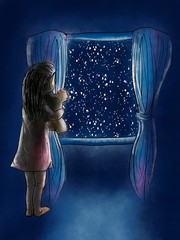 Girl Looking Out Window Night Painting Artwork