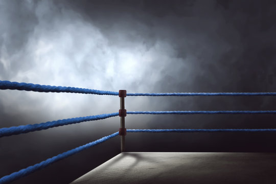 View of a regular boxing ring surrounded by blue ropes