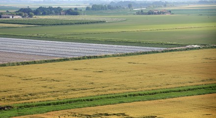aerial view of the plain with fields in the po valley in italy