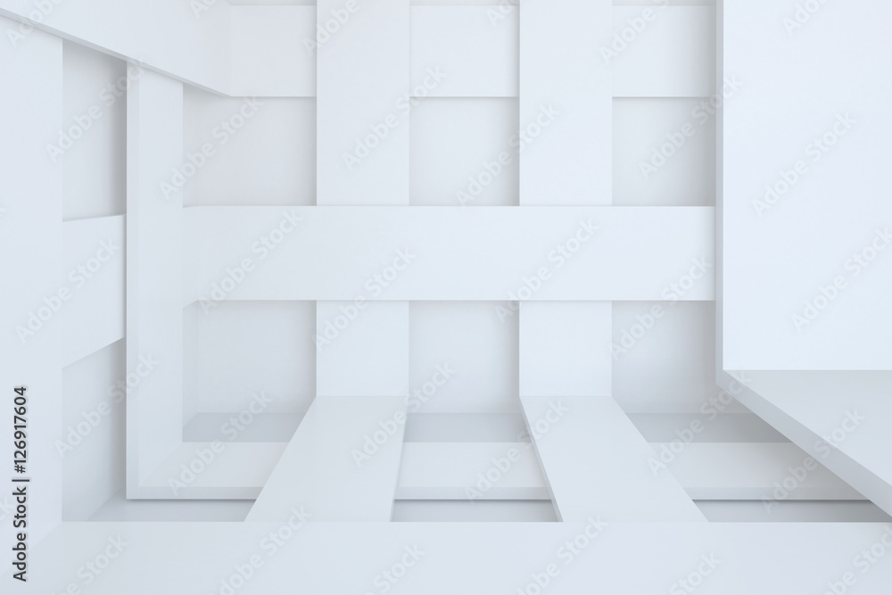 Poster 3d illustration. white abstract architectural background. space with intersecting stripes. render.