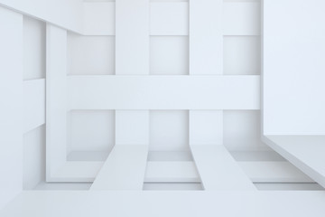 3d illustration. White abstract architectural background. Space with intersecting stripes. Render.