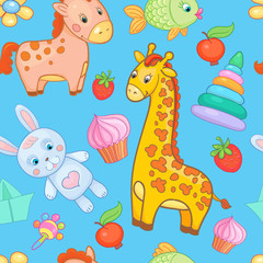 Baby toys seamless pattern vector animal background.
