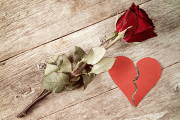 Red broken heart and old rose