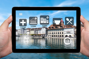 Augmented reality marketing concept. Hand holding smart phone use AR application to check relevant...