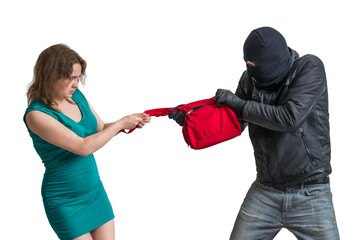 Thief is fighting with woman and stealing handbag. Isolated on white background.