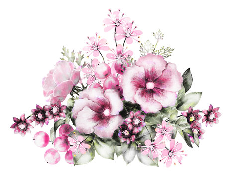 watercolor flowers and herbs. floral illustration, flower in Pastel colors, pink. branch of flowers isolated on white background. Leaf and buds. Cute composition for wedding or greeting card