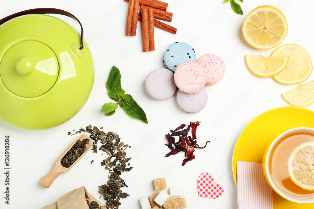 Poster tea set on white background, flat lay