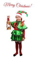 Girl in suit of Christmas Elf with Lamp on white