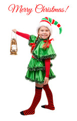 Girl in suit of Christmas Elf with Lamp on white