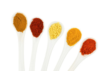 Various seasoning spices on metal spoons