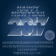 Vector cool ice Happy New Year 2017 greeting card with set of letters, symbols and numbers. File contains graphic styles