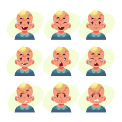Little boy face expression, set of cartoon vector illustrations isolated on yellow background. Blond male kid emoji face icons, facial expressions, set of baby boy avatars with different emotions