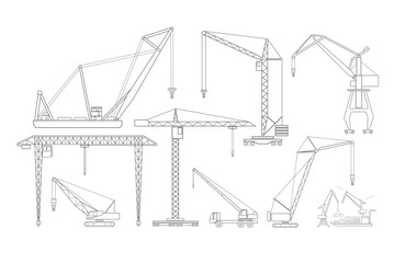 Fototapeta premium Crane and lifting machine. Outline icon set suitable for creatin